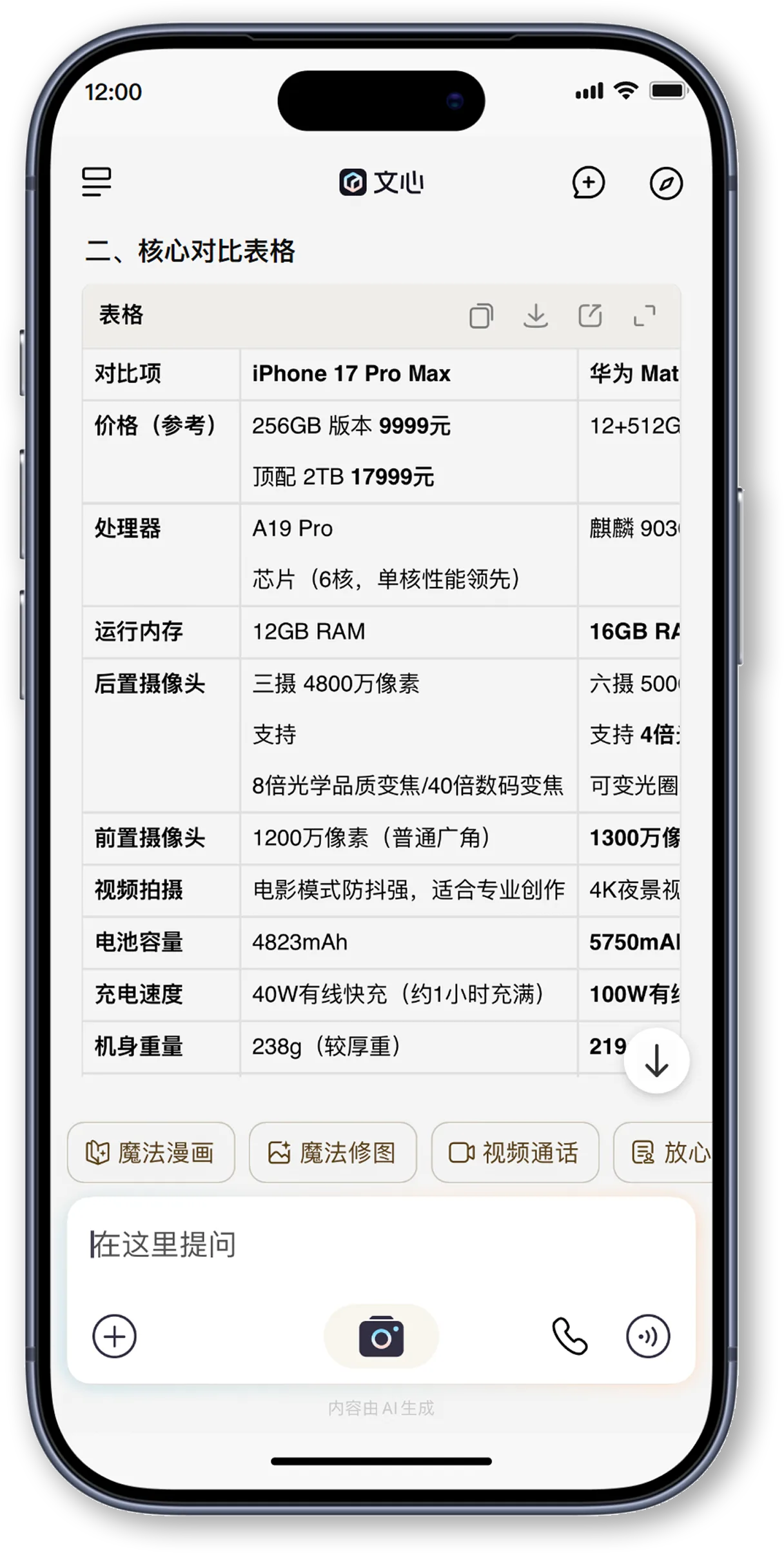 对话问答对比表格