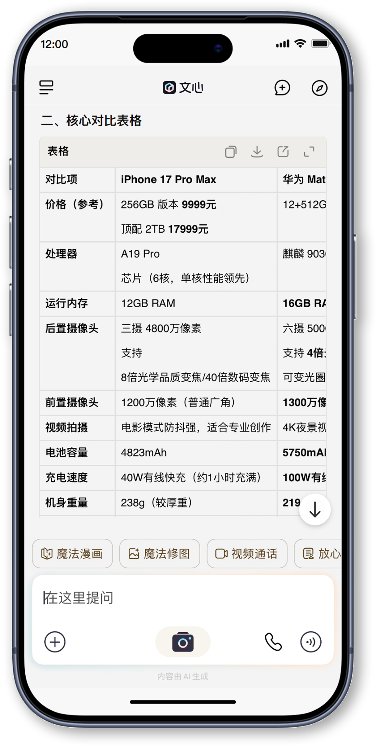 对话问答对比表格